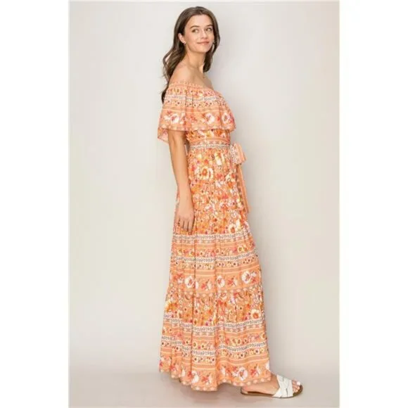 NWT 🌺 HYFVE Floral Off-Shoulder Tie Front Maxi Dress, Apricot, Flowy, Feminine - Picture 4 of 5